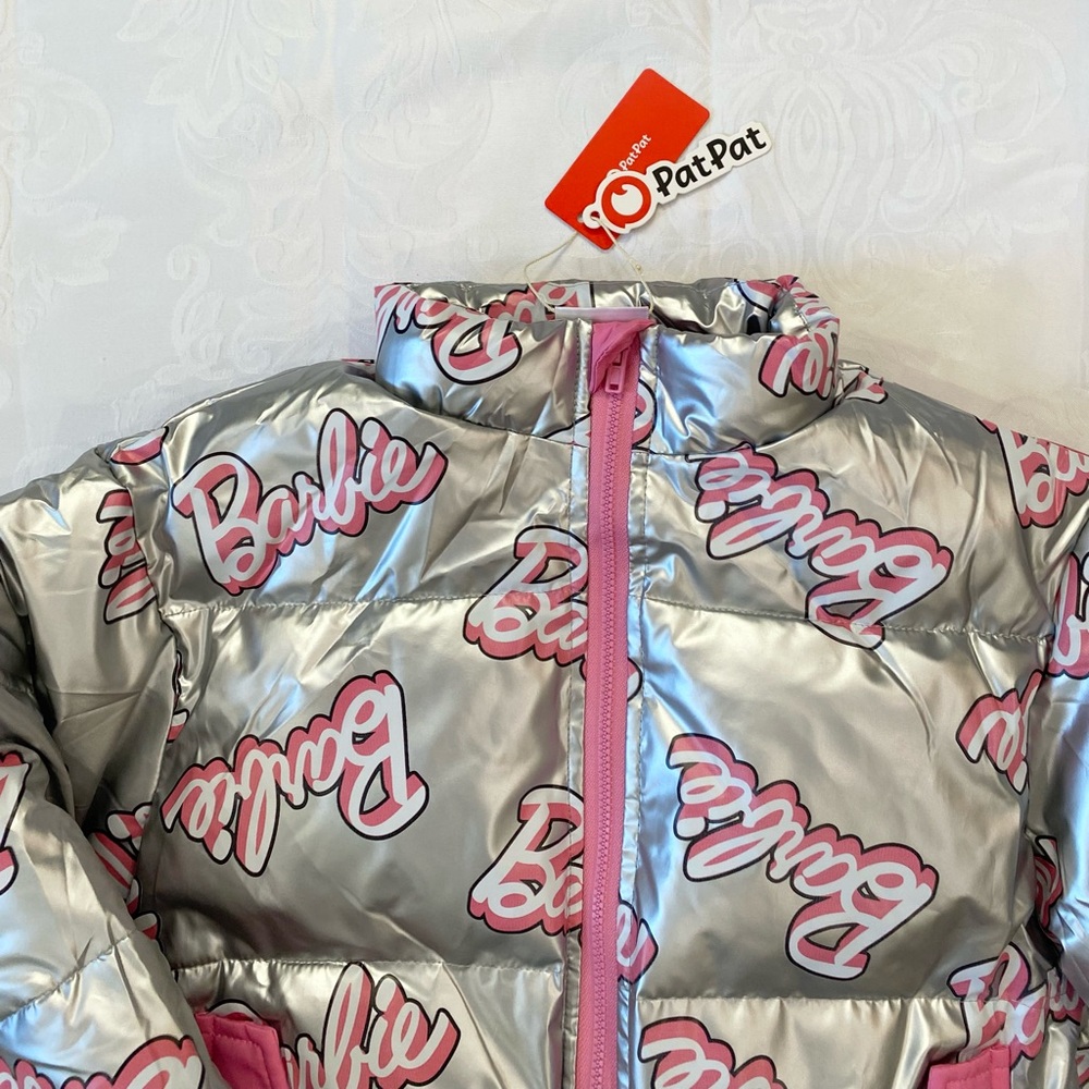 Barbie Girl 1pc Logo Pattern Long-sleeve Crop Puffer Jacket Silver and Pink - Picture 9 of 12